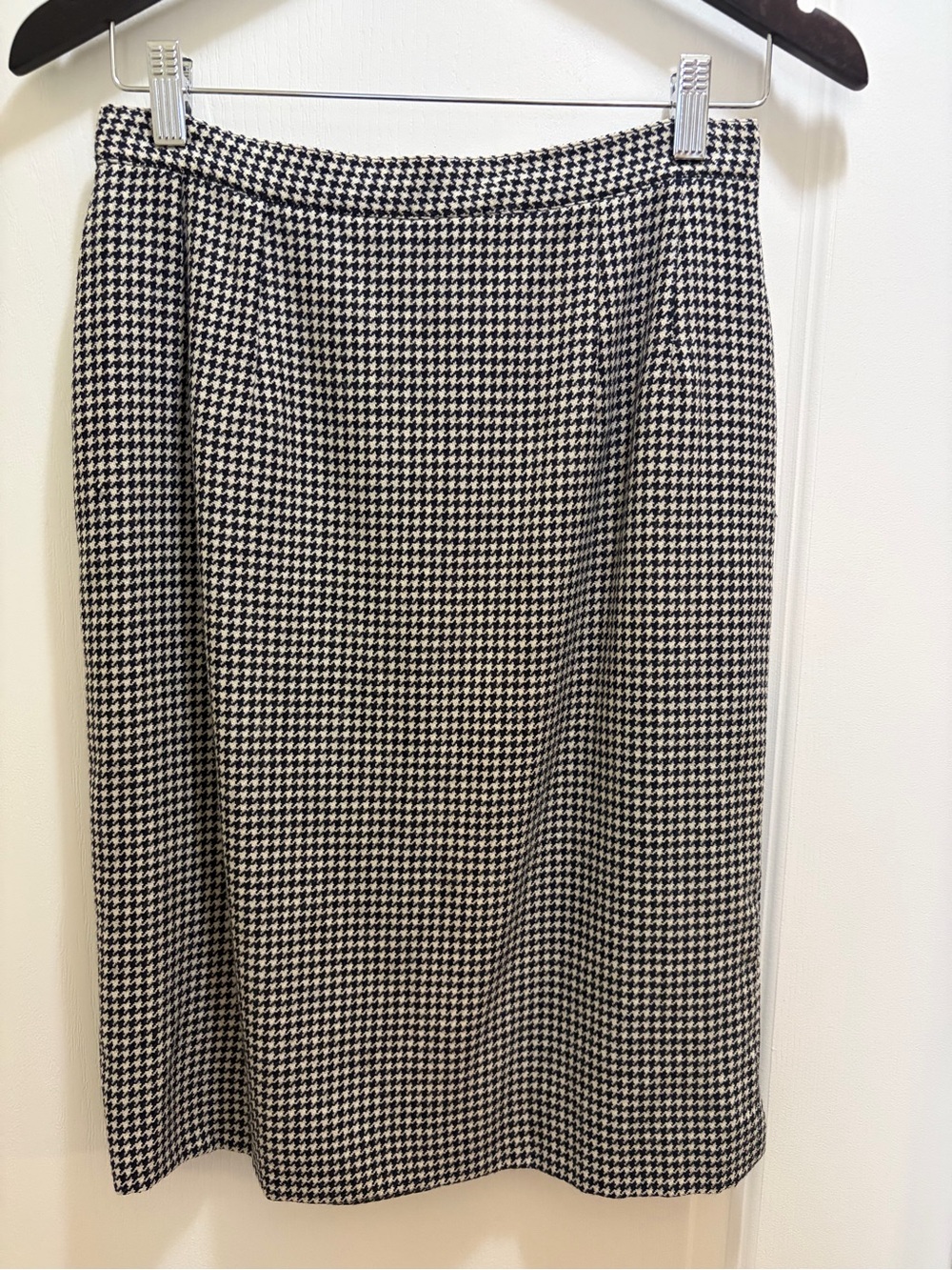 90s Y2K Houndstooth Wool Midi Pencil Skirt - Black & White